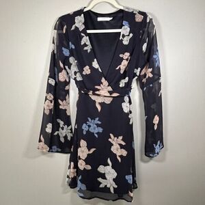Lush Elly Wrap Long Sleeve‎ Floral Dress  Sheer Blue Small  Pink White Flowers